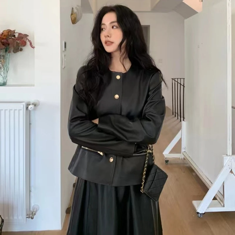Women Pu Leather Jacket Spring Autumn Fashion Cinched Waist Single Breasted Coats Elegant Office Lady O Neck All Match Outwear