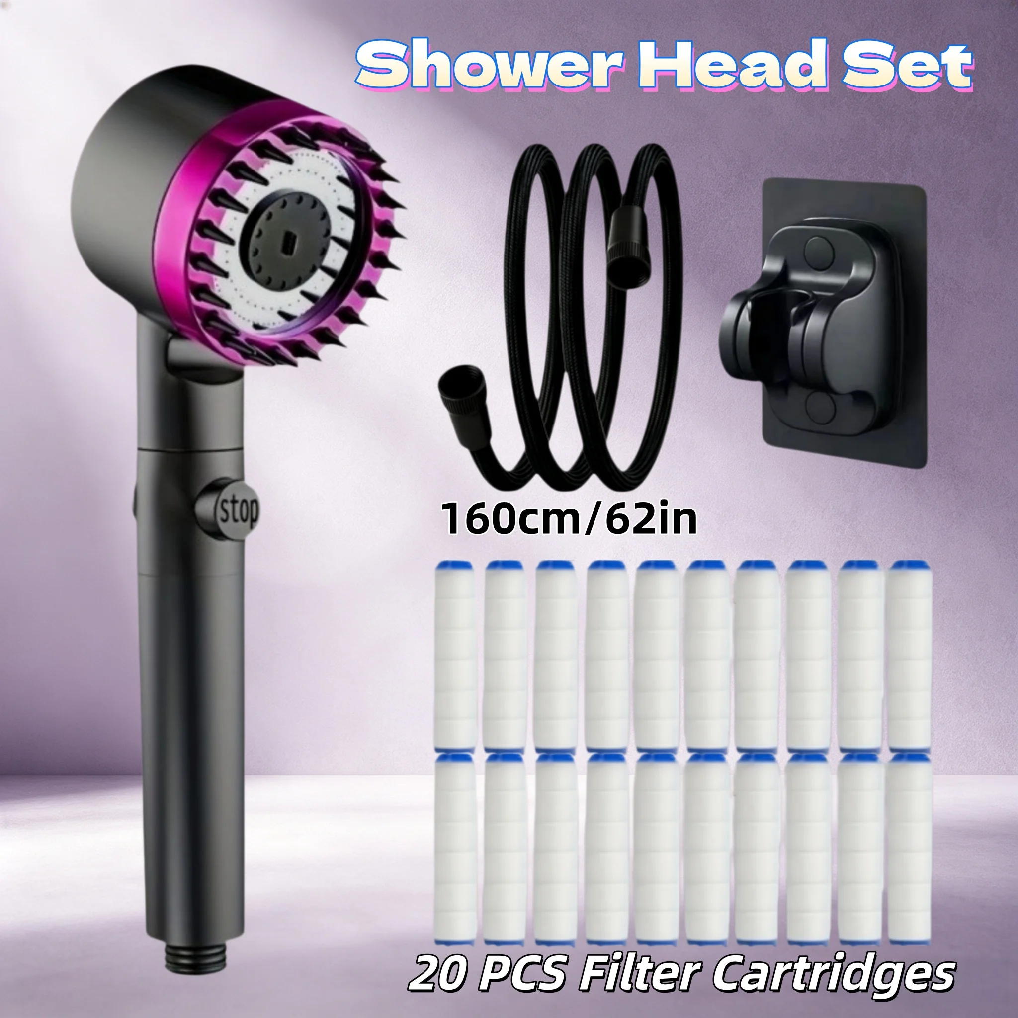 Purple Medium Shower Built-in Filter 3 Modes One Key Stop 62in Braided Hose No Drill Bracket 20/15/10PCS Filters Shower Only