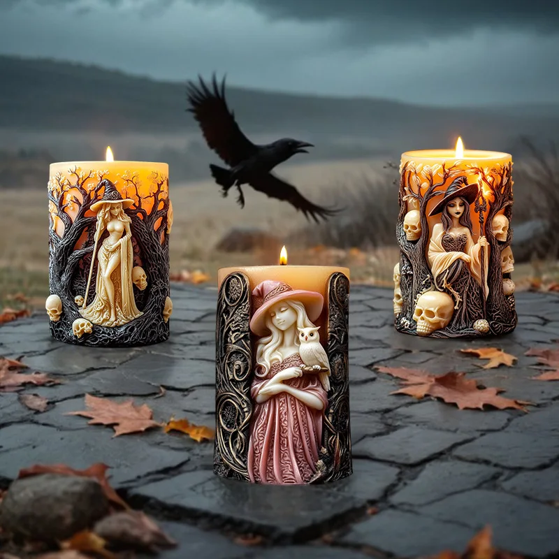 DIY Witch Cylinder Candle Silicone Mold Skull Relief Cylinder Resin Silicone Mould Halloween Gift Witch Cylinder Gypsum Molds — zdjęcie 7