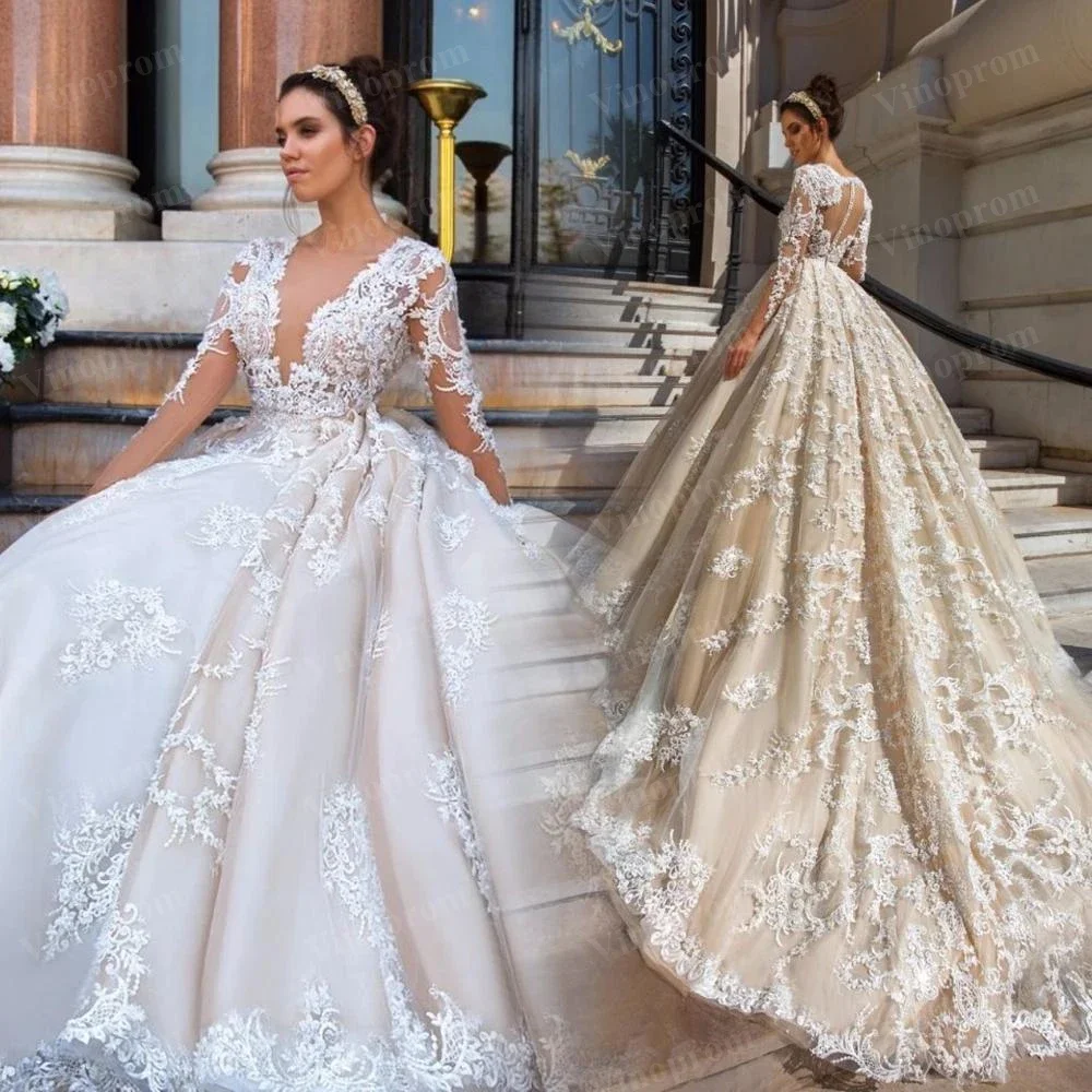 

Customize Long Sleeve Wedding Dress Princess 2025 Button Back Court Train Applique Illusion Tulle Wedding Gowns Long Bride Dress