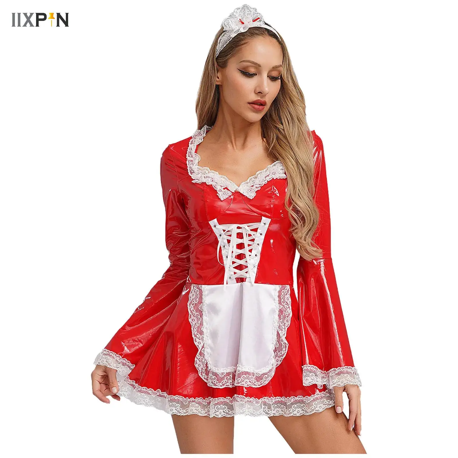 

Women Halloween French Maid Cosplay Costume Latex Dress with Headband Long Sleeve Lace Apron Patent Leather Maid Servant Outfits