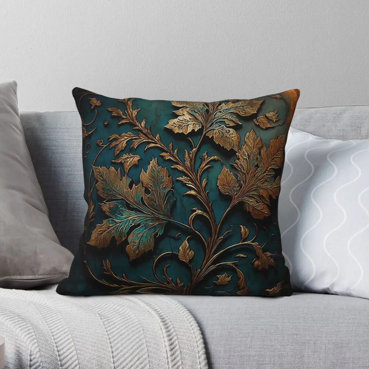 Copper Leaves On A Blue Wall Pillowcase Polyester Linen Velvet Printed Zip Decorative Pillow Case Car Cushion Cover