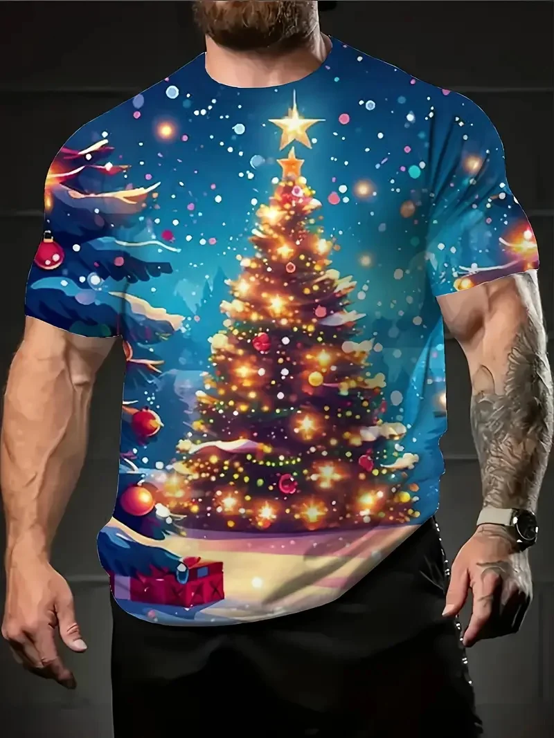 الرجال حفلة عيد الميلاد التي شيرت ثلاثية الأبعاد طباعة بدلة وهمية نمط تصميم قصيرة الأكمام الجولة الرقبة التي شيرت مع ندفة الثلج شجرة عيد الميلاد الطباعة #4