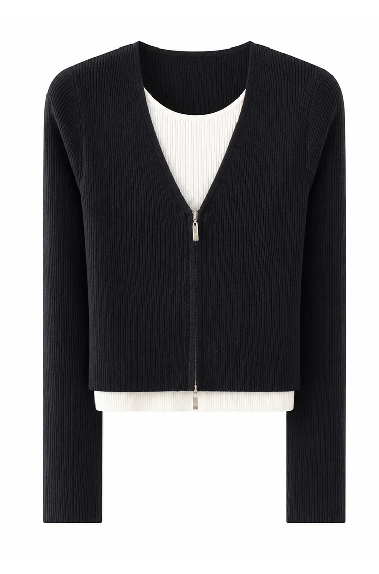 MZ62017 Elegante Damen-Strickjacke mit Reißverschluss, V-Ausschnitt, Langen Ärmeln und Kontrastbesatz aus Modal-Mischung, Mehrlagiges Strickoberteil für Herbst und Winter – Detail 13