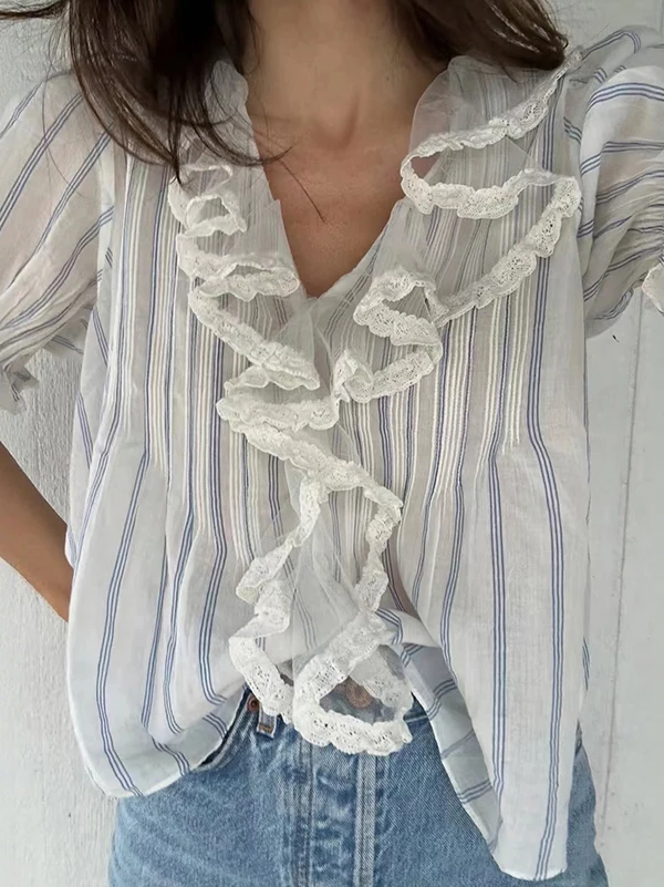 

Spring Summer 2026 Women's Cotton Shirt V-neck Bubble Sleeve Lace Hem Breathable Floral Print Striped French Style Straight Cut