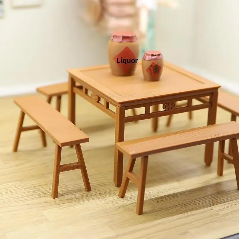 5Pcs Montessori Miniature Imitation Table Long Bench Model 1:12/1:18 Dollhouse Furniture Accessories For Girl Gifts