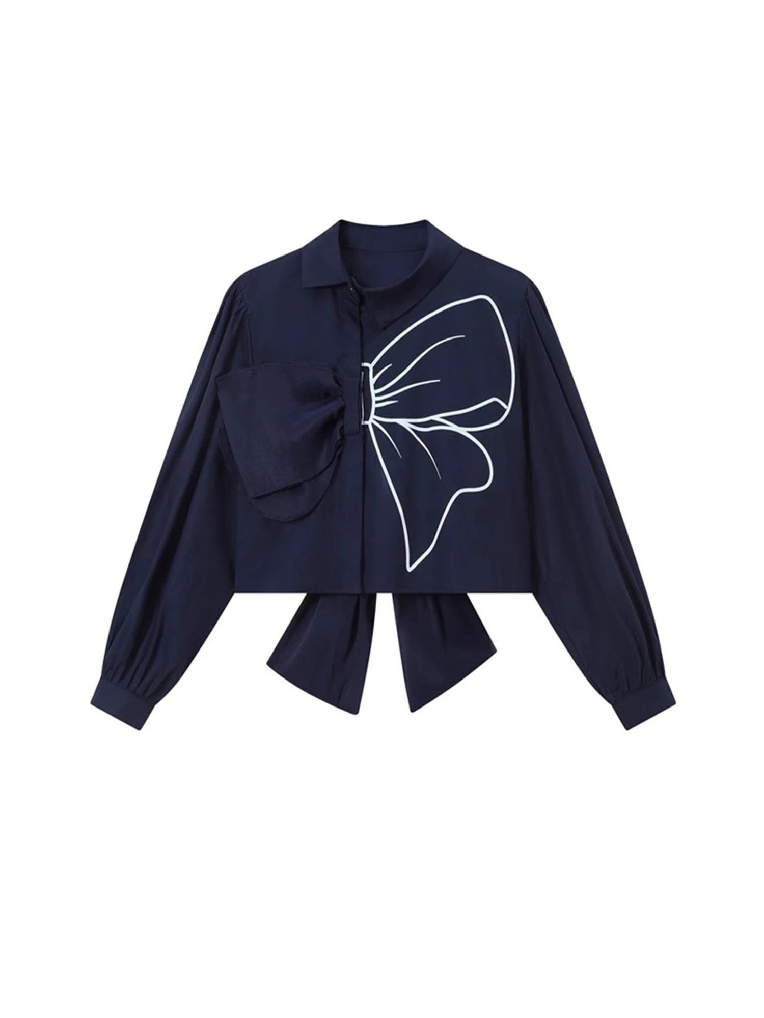 

Женские темно-синие винтажные элегантные блузки в стиле 2000-х годов с длинным рукавом, укороченная рубашка с бантом для женщин, одежда на весну-осень