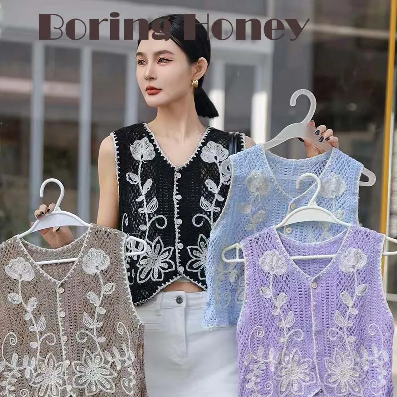 Spring Summer New Fashion Back Hollow Out Vest, V-neck Sleeveless Top for Women, Short Embroidered Waistcoat