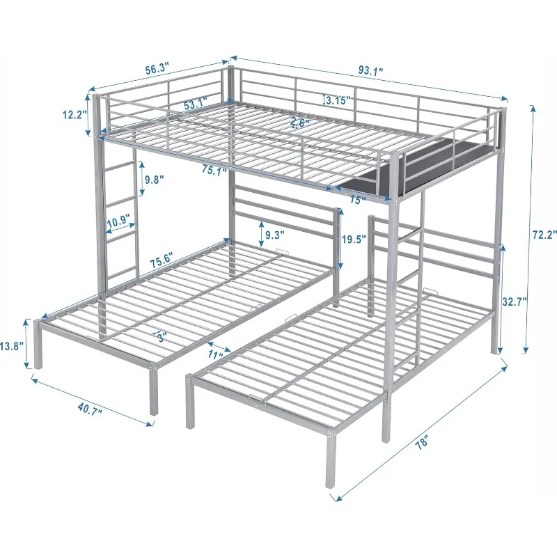 Metal Triple Bunk Bed, Full Over Twin & Twin Size Bunk Bed with Built-in Shelf and Ladder, 3 Bunk Beds for Kids Teens Adults