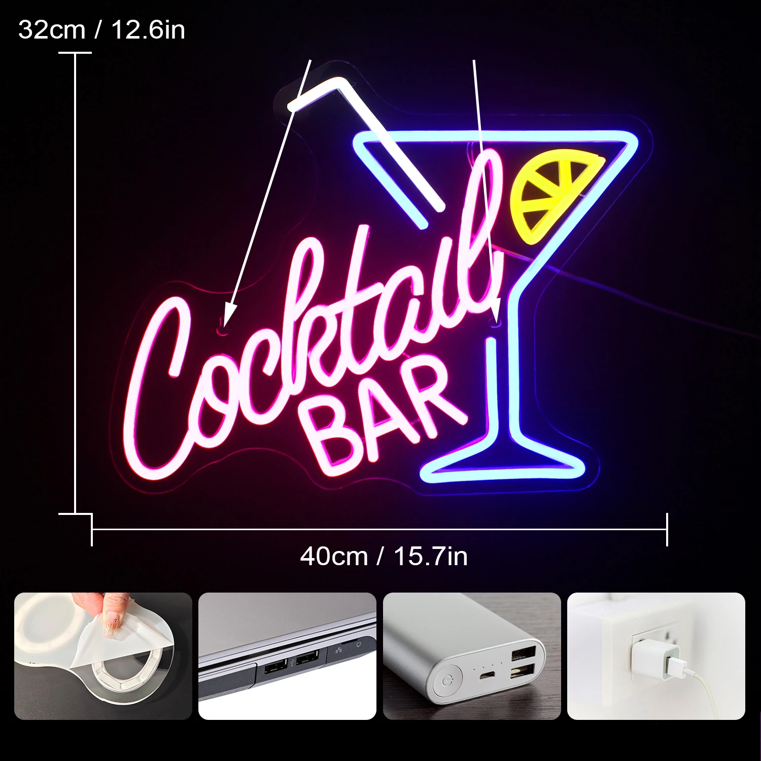 Cocktail Bar Neon Sign, Decoração de parede LED, Alimentado por USB, Acrílico para festas Cocktail Bars, Homem Cave Decor, Room Wall Art, Logotipo