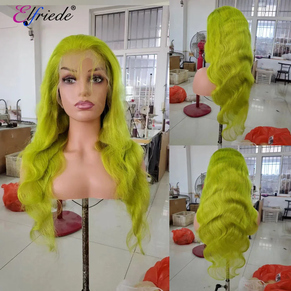 Elfriede #Yellow Green Body Wave Lace Front Wigs for Women Colored Wig 4x4 13X4 13X6 HD Lace Frontal Wig 100% Human Hair Wigs