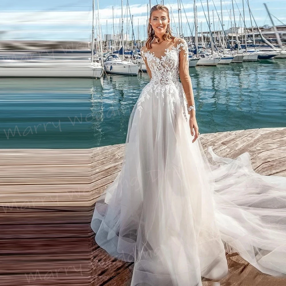 Exquisite klassische eine Linie Frauen Brautkleider anmutige Spitze Applikationen Brautkleider Langarm Knopf Strand Vestidos de Novia