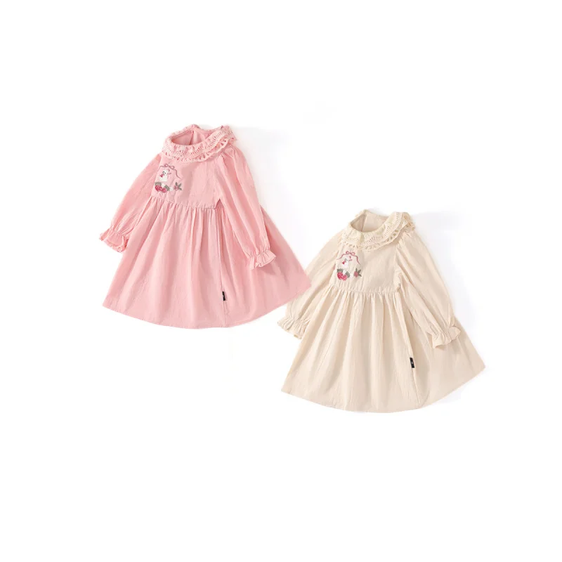 

Girls2025Spring New French Style Ruffled Collar Fashionable Baby Girl Rabbit Embroidered Long Sleeve Dress