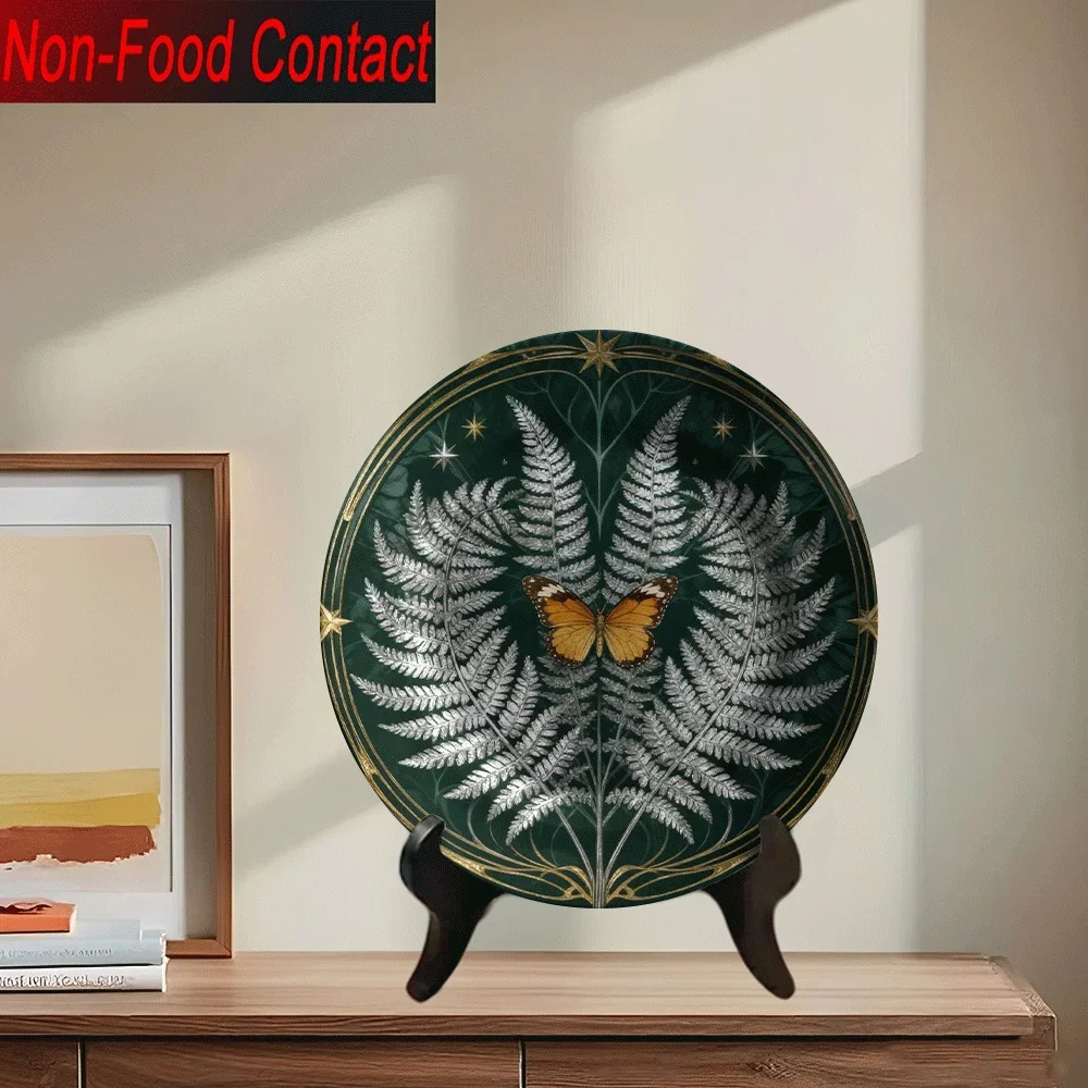 1pc Elegant Fiddle Leaf Fig Tree & Ceramic Decorative Plate - Non-Food Contact Safe, Golden Leaf & Design with Green Fiddle
