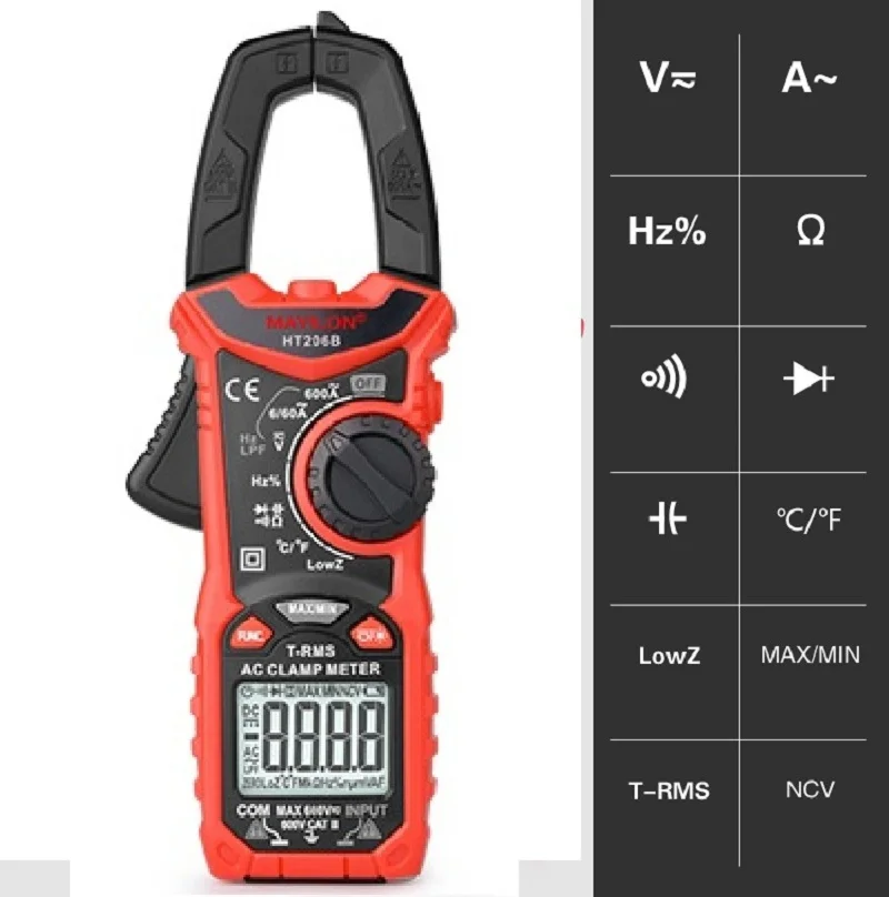 Mayilon HT206D 600A Digital Clamp Meter for Measuring AC/DC Voltage Current NCV Temperature Voltmeter Multimeter HT206A HT206B