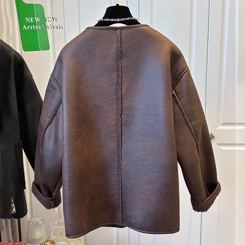 

Super Nice Chain Fur Stitching One-Piece jJacket Women Overcoat Loose Round Neck Warm Coat Autumn Winter New Casual Jacket Tops