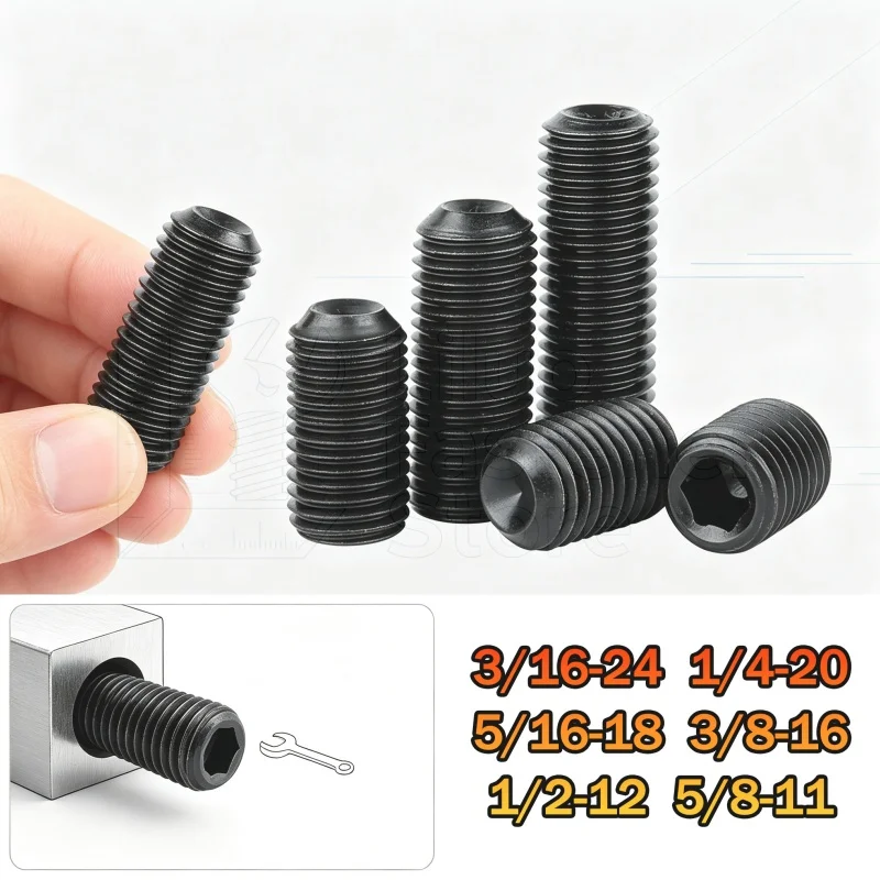 BSW/BSF 3/16-24 1/4-20 5/16-18 3/8-16 1/2-12 5/8-11 Black 12.9 Grade Steel Hex Socket Allen Point Grub Headless Set Screw DIN916