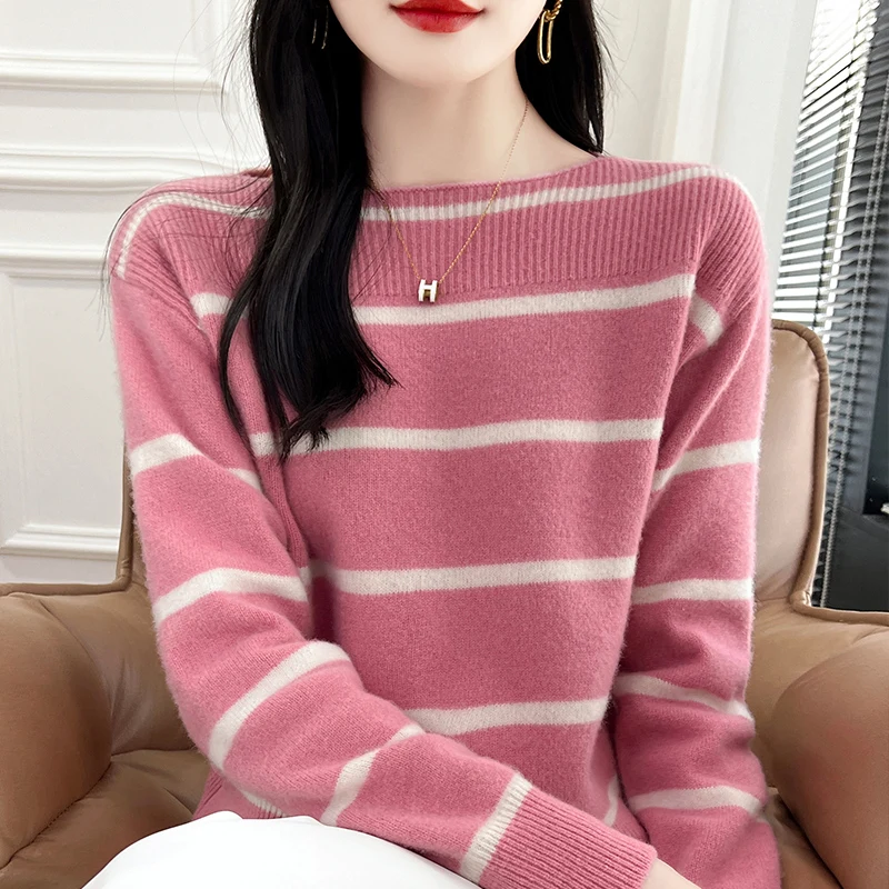 

Hot Sale Women Pure Woll Sweaters 100% Wool Knitted Loose Stripe Sweaters Leisure Warm Tops 2024 Autumn/Winter New Clothing