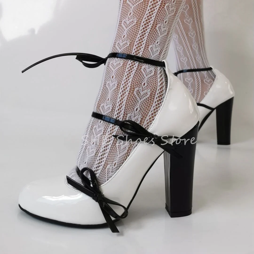 

Mixed Color Butterfly Knot Strap Women Mary Janes Shoes Round Toe Chunky Heel Pumps Patent Leather Dress Ladies Sandals Shoes
