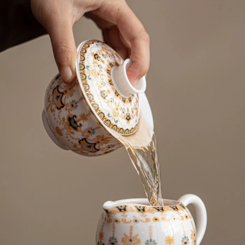 Mutton Fat Jade Porcelain Sancai Gaiwan with Thangka Pattern - Handmade Heat Resistant Tea Cup for Kung Fu Tea Gift Chinese tea