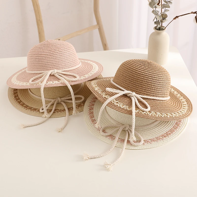 New Child Summer Sun Hat Bucket Cap Simple Beige Lace Bowknot Ribbon Flat top Straw Hat Beach Outing Caps Panama