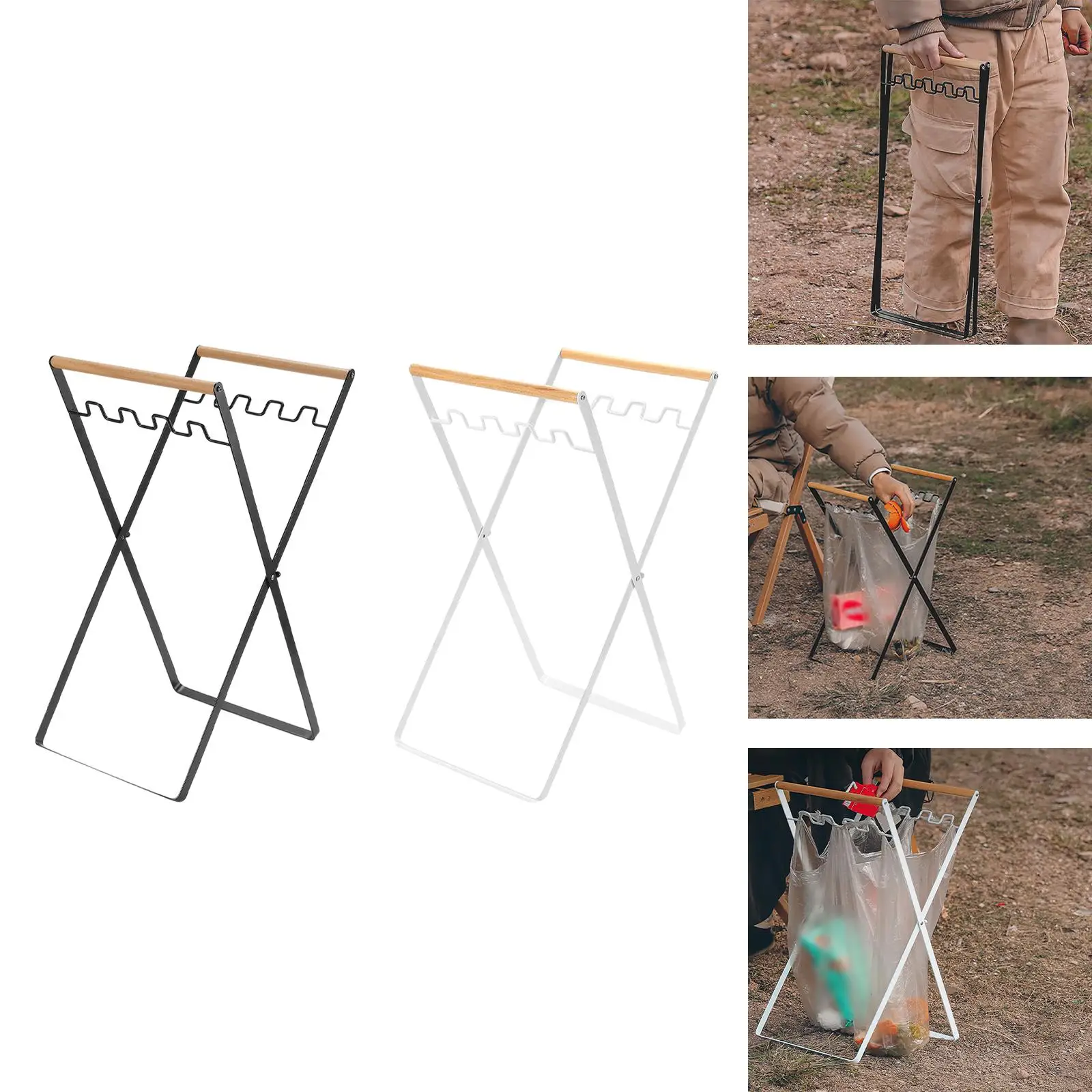 Folding Trash Can Stand Trash Rack Metal Frame Support Garbage Bag Holder Leaf Bag Rack for Kitchen Yard Outdoor Camping