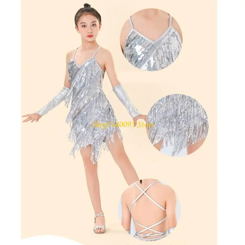 dxae 라틴 댄스 드레스 술 술 살사 댄스웨어 스팽글 프린지 드레스 현대 볼룸 차차 댄서 의상 아이