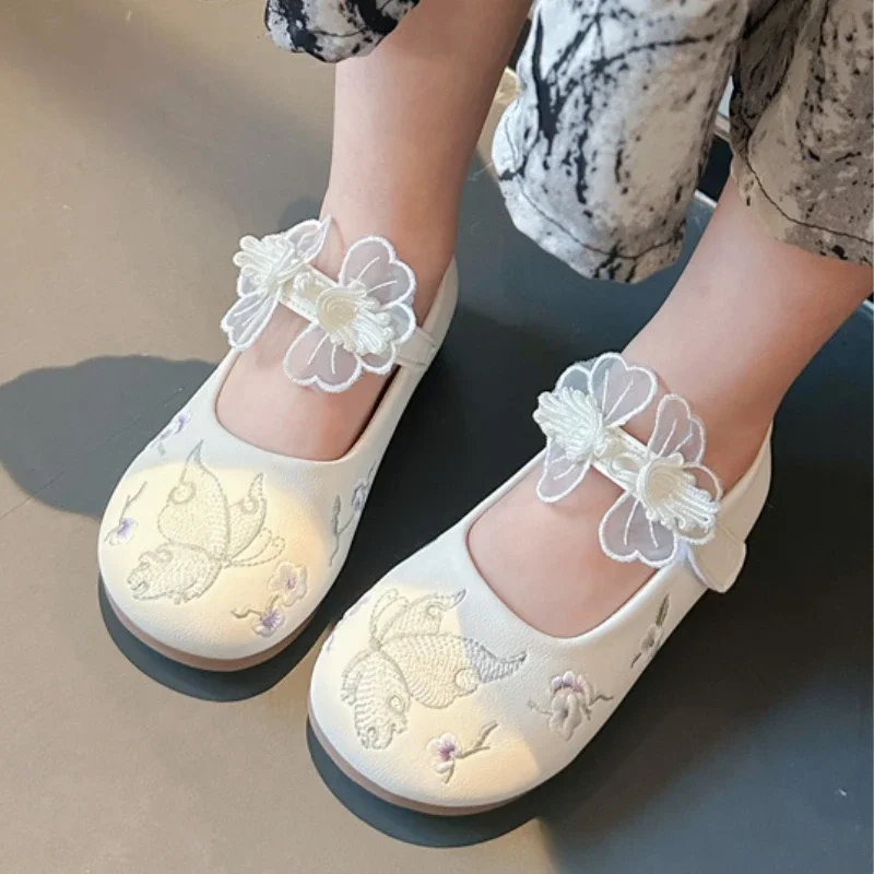 

Sweet Girls Princess Leather Shoes Handmade Embroider Butterfly Children's Flats Fashion Versatile Kids Hanfu Dress Single Shoes