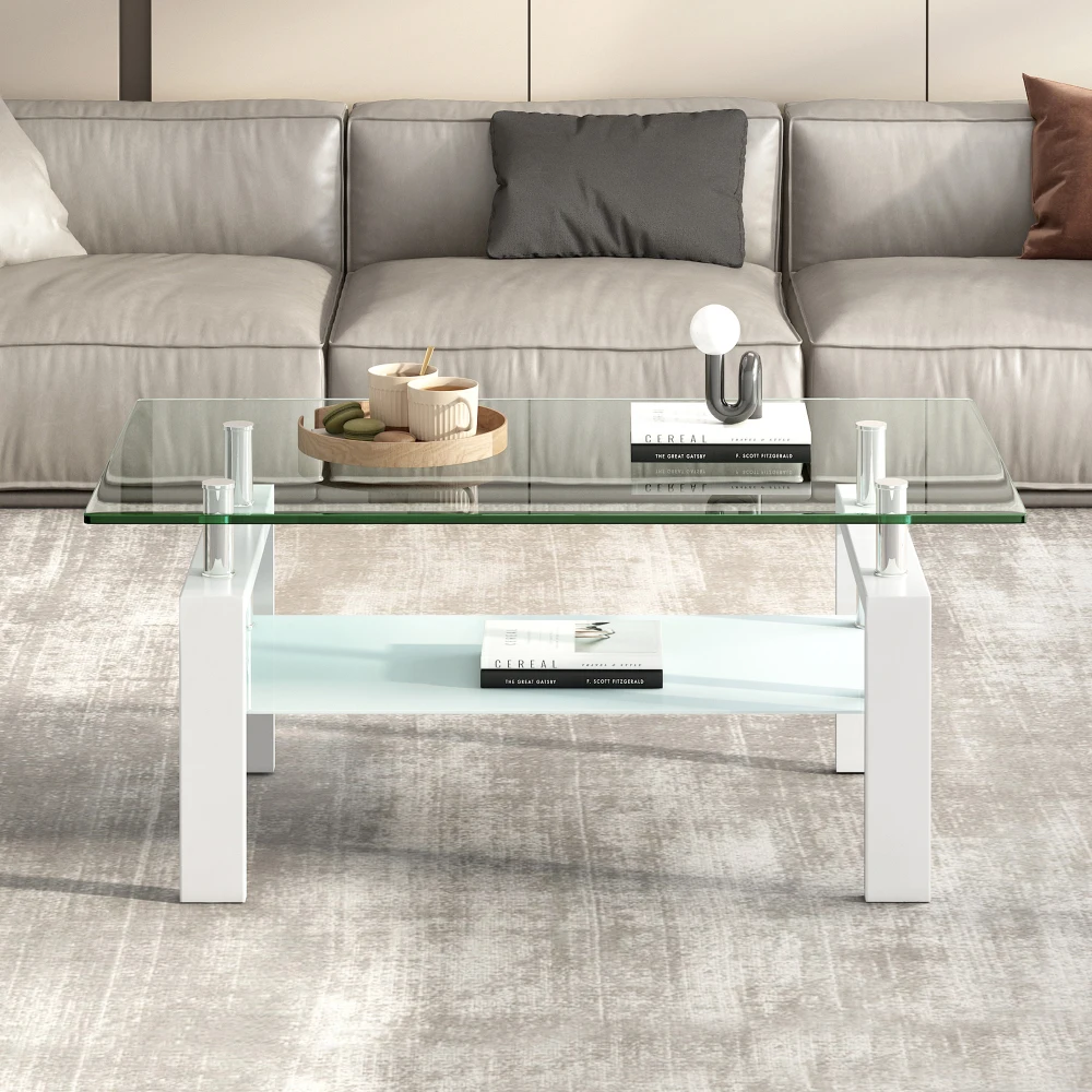 Tempered Clear Glass Coffee Table 2-Layers Coffee Table Living Room Center Table
