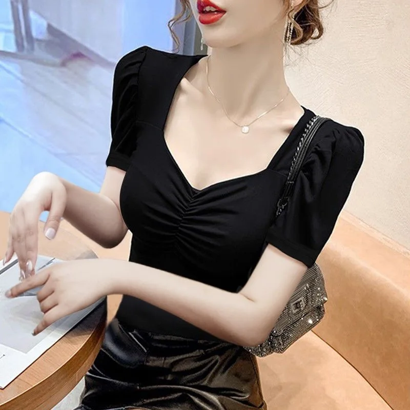 Square collar bubble sleeve top female French chic hot girl short sexy T shirt bottom upper garment long sleeve build summer