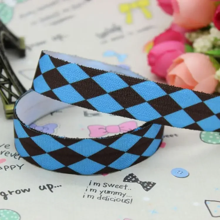 DHK 5/8 inch 5yards Fold Over Elastic FOE grid printed ribbon headband  hair band  diy decoration OEM Wholesale E391