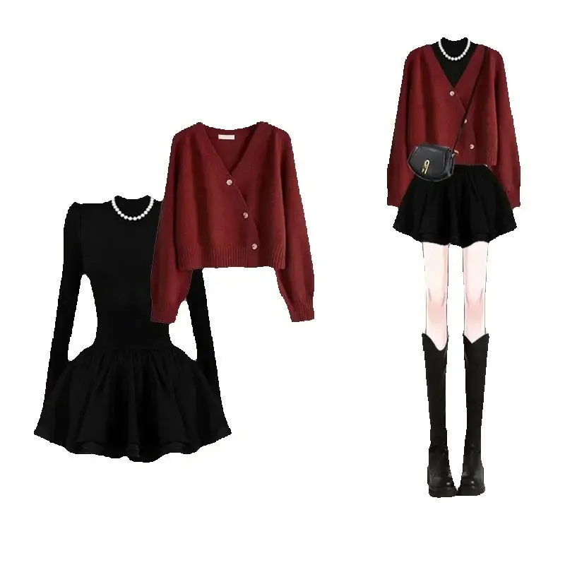 

Повседневный комплект из двух предметов, женский пуловер с длинным рукавом и v-образным вырезом, мини-платье, модный осенне-зимний свитер 2025, костюм, платья