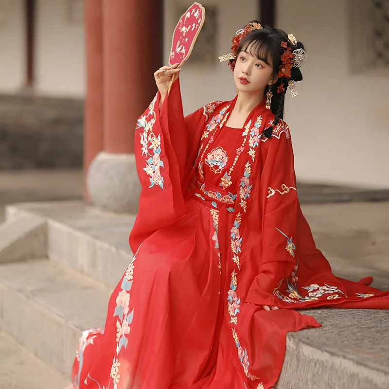 Traje chinês antigo para mulheres, roupas tradicionais hanfu, trajes de dança da dinastia Tang, vestido de fada folclórica, roupas vermelhas plus size