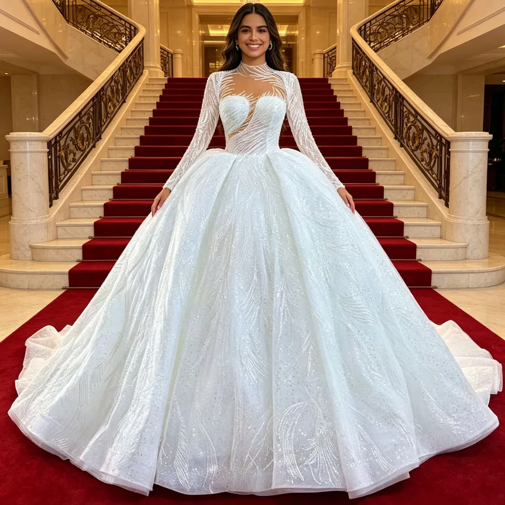 Luxurious High Long Sleeves Lace Up Back Vestidos De Novia Pearls Sequined Customizable Wedding Dress