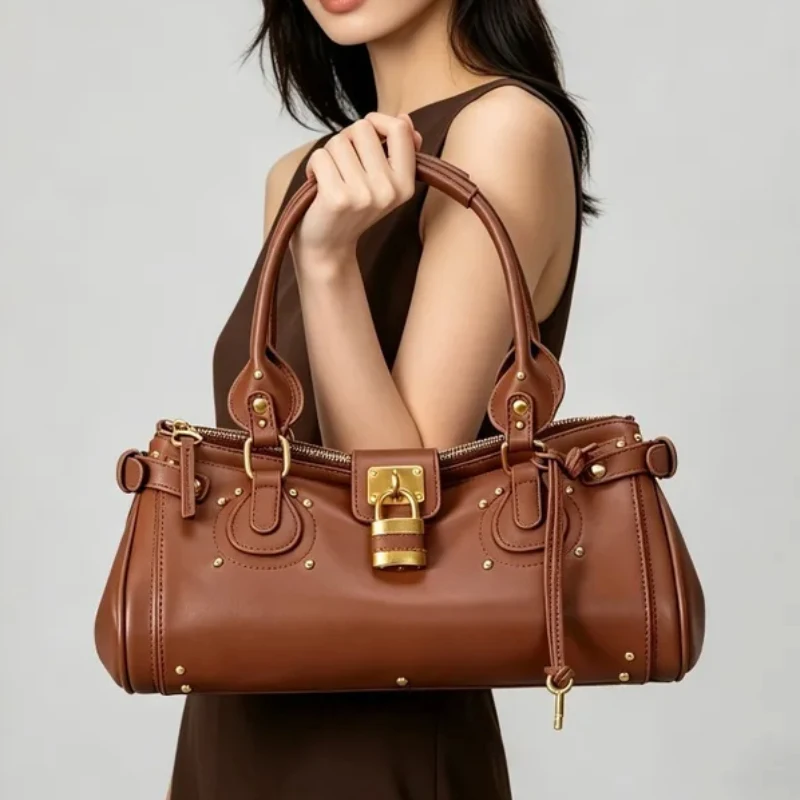 

Women Retro Lock Handbag Y2K Fashion Spicy Girl Bag Large Capacity Top Handle Commuting Tote Purse