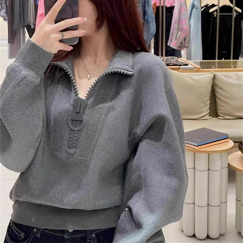 2024 Lady Long Sleeves Tops Women Solid Color Short Sweatershirts Autumn Winter Female Half Zipper Loose Fitting Sweatshirt Coat