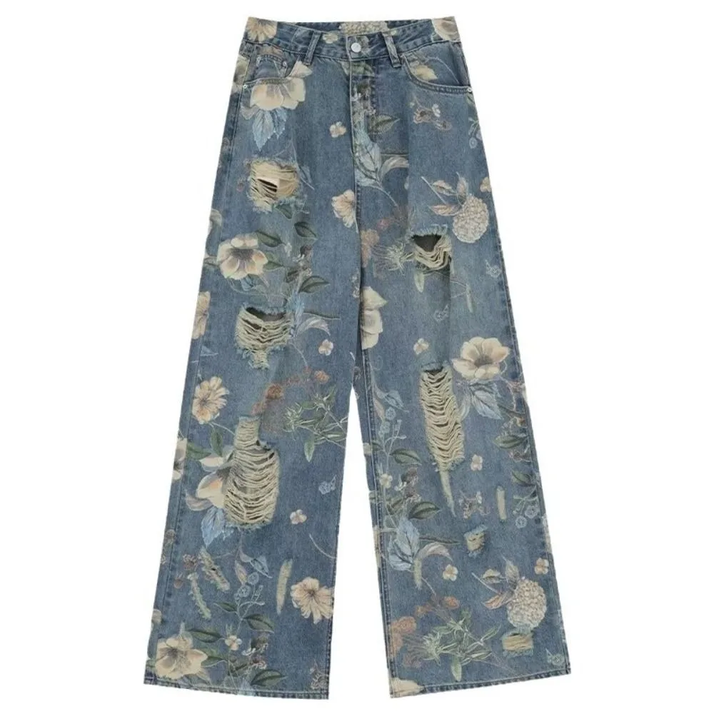 

Harajuku Floral Jeans Women Y2K Ripped Baggy Straight Denim Trousers Ins High Waist Broken Hollow Pants Unisex