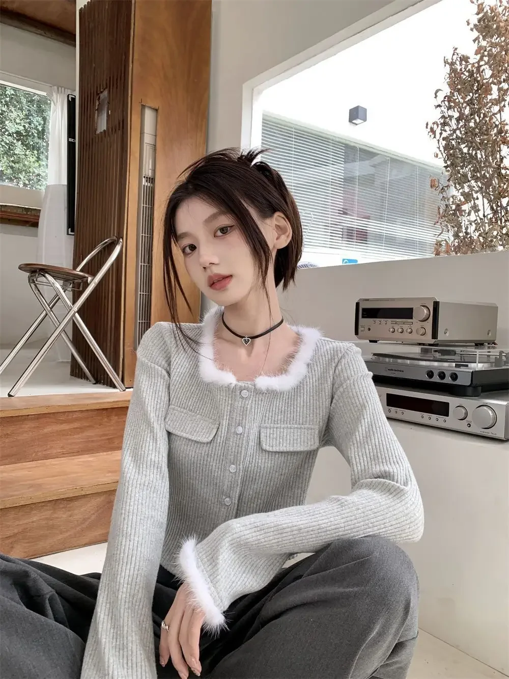 Gentle Style Design with Frayed Edges Knitted Sweater for Women French Slim Fit Inner Layer Slimming Sweater Short Cardigan Top