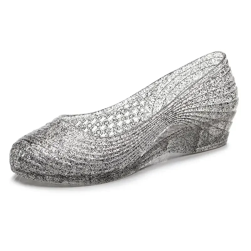 2024 New Woman Shallow High Heel Crystal Shoes Women\'s Wedge Heel Sandals Jelly Breathable Slip-on mom Sandals