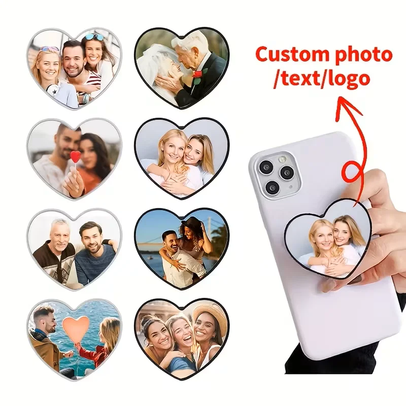 Support de téléphone personnalisé en forme de coeur |   Personnalisable avec des photos, texte ou logo - Poignée adhésive réglable pour téléphone