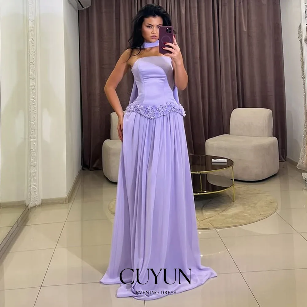 

CUYUN Lavender Women Long Prom Dresses Strapless Chiffon Floral Appliques Evening Gown Customized Party Dress for Formal Event