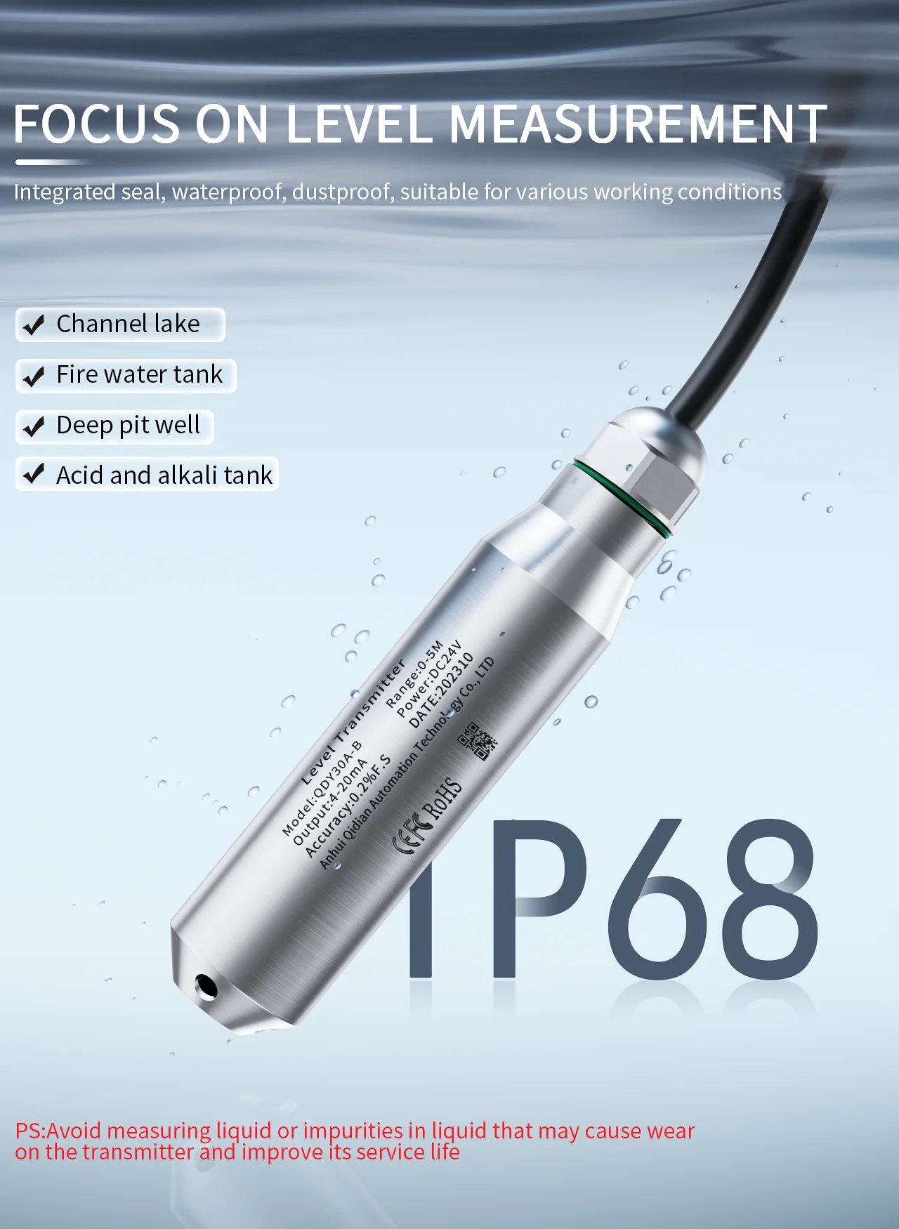 Hydro statischer Füllstand sensor messumformer mit 4-20mA Ausgang DC12-36V Wassertank-Flüssigkeits wandler messgerät – Detail 4