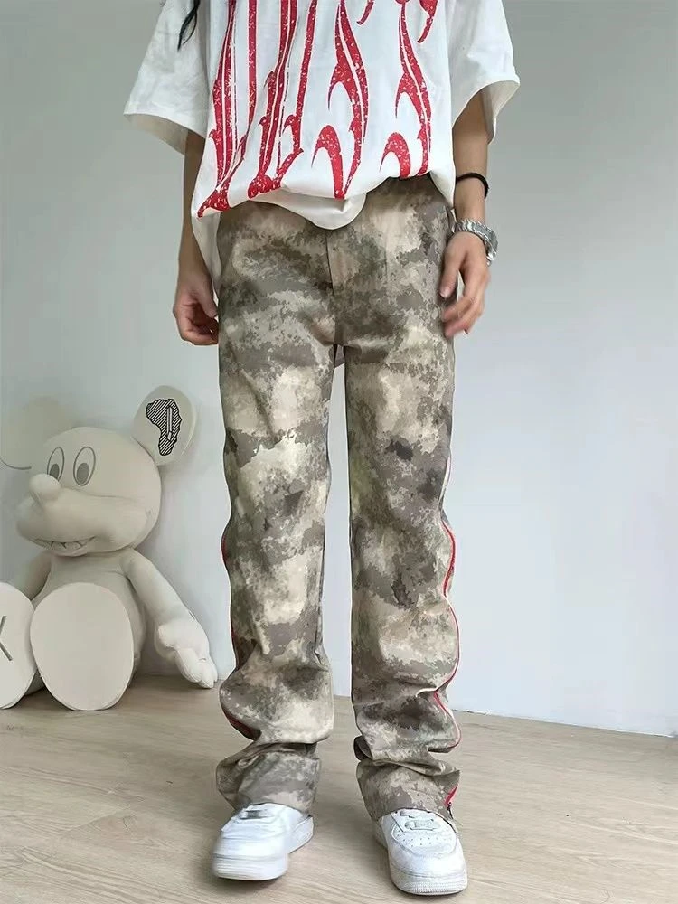 Women's Ins Split Red Zipper Design Camouflage Unisex Thin Pants Cool Girl Fashion Retro Female High Waist Straight Trousers