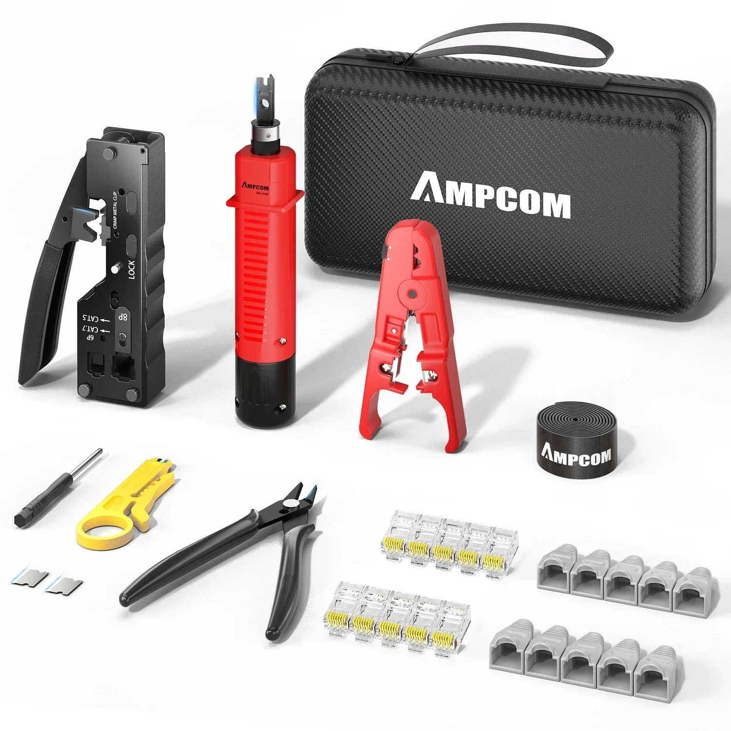 AMPCOM RJ45 Pass Through Krimpen Netwerk Tool Kit voor Cat5e Cat6 Cat7 met Netwerk Crimper/Punch Down Tool/TEL/LAN Kabel Tester