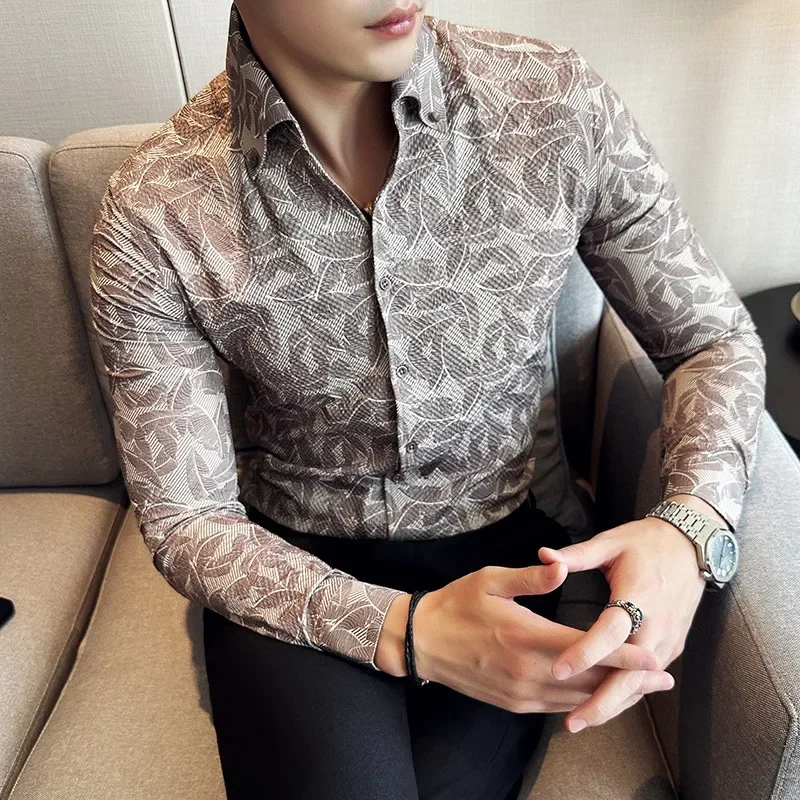 2023 Seersucker Elastic Fabric V-Neck Shirt Men's Long Sleeve Print Slim Fit Business Formal Social Shirt Tuxedos Tops 4XL-M