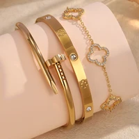 Stainless Steel Gold Plated Four-Leaf Flower Nails Stacked Bracelet Bangles Shiny Zircon Couple Jewelry Gift - Image 2