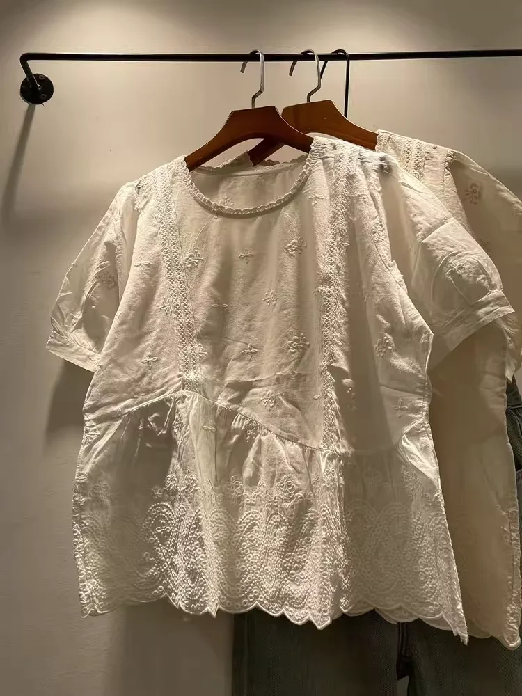 

100% Cotton bohemian white beige embroidery hollow out shirts for women summer designer short sleeve patchwork boho tops
