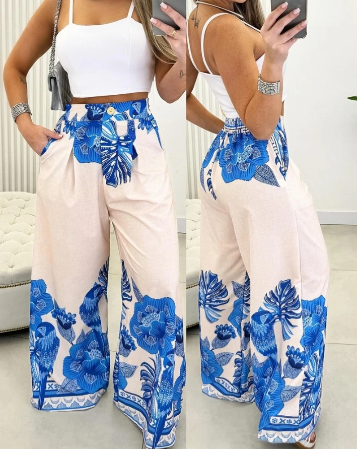 

Women's Long Pants 2024 Spring/summer Latest Casual Fashion Daily Versatile Pocket Vacation Tropical Animal Print Wide Leg Pants