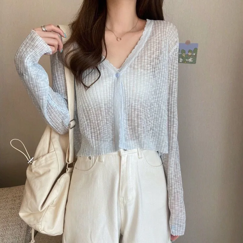 Immortal Qi Thin Style Knitting Cardigan Lady Summer V-neck Ice Shreds Loose Solid Color Short Coat Multicolor Comfortable Tops