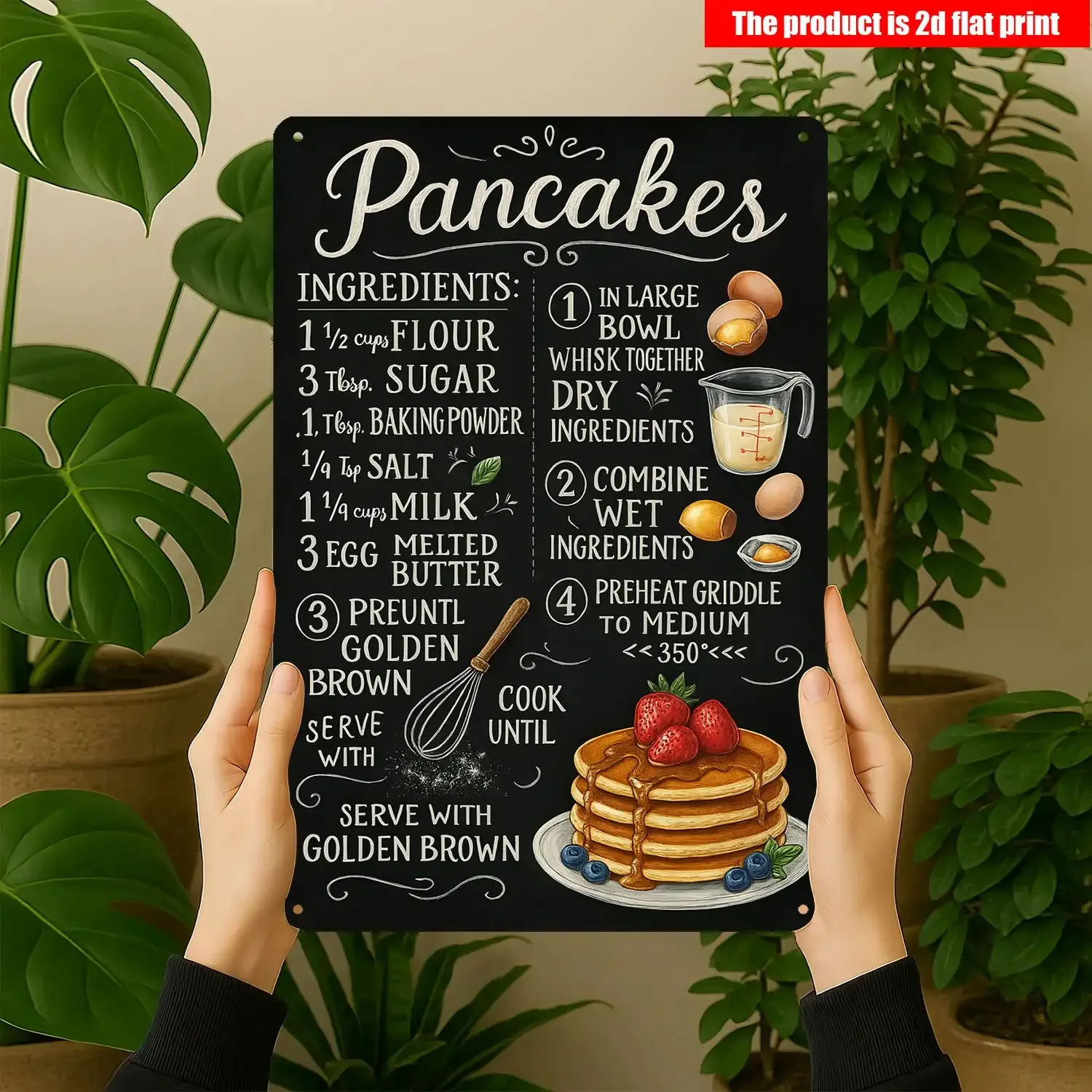 Pancake Recipe Wooden Sign, Black Chalkboard Kitchen Decor, 2D Flat Print Cooking Chart, Café Home Wall Art